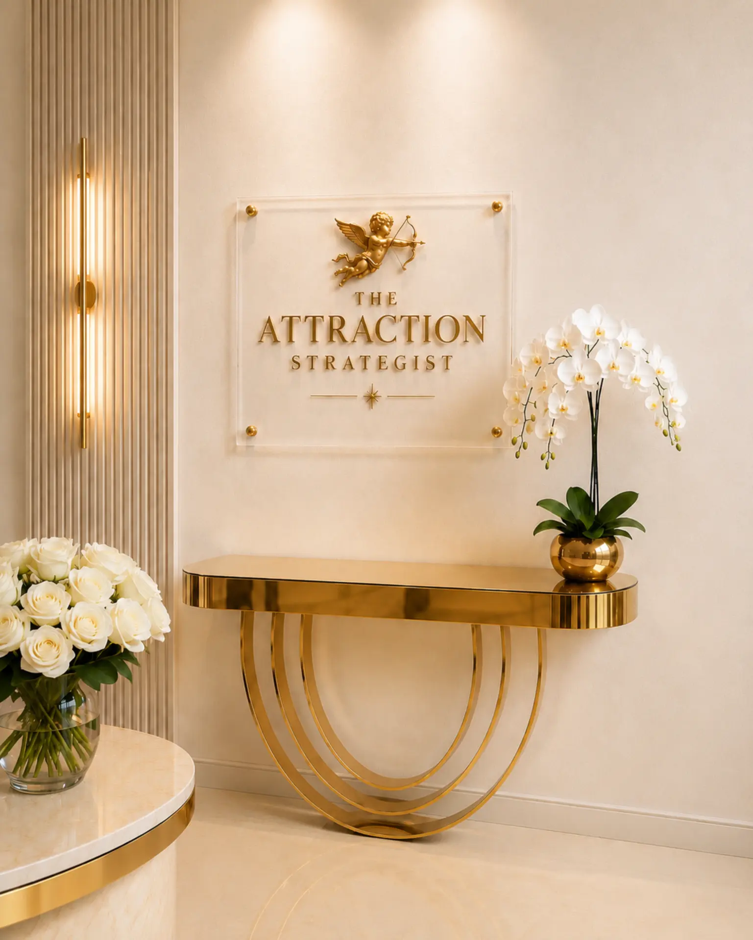 The Attraction Strategist foyer: gold console table, white orchids and the glass brand plaque